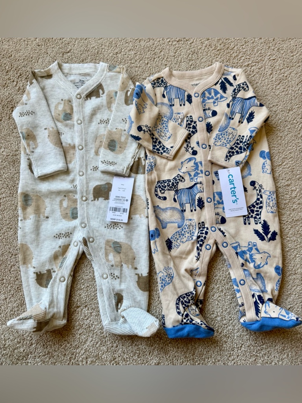 Carter's Beige and Blue Animal Print Snap-Front Footie Set - 2 Pack